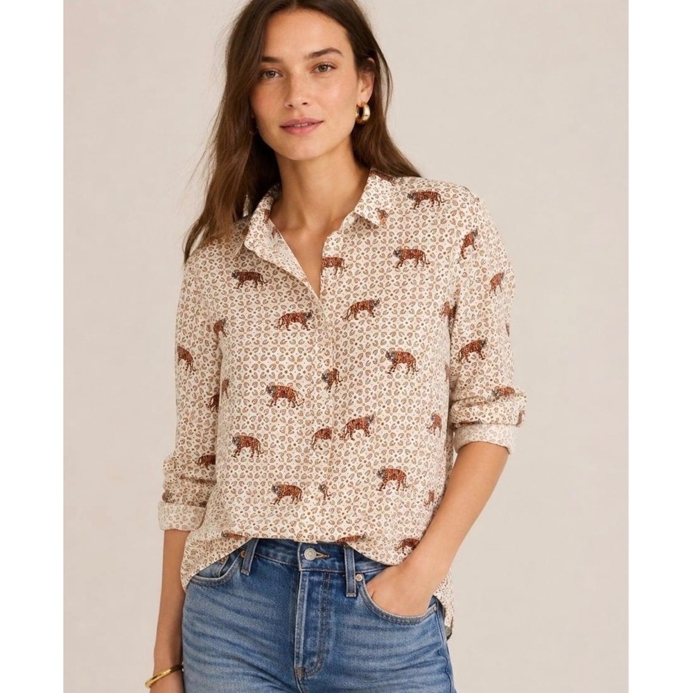 J.Crew Womens 100% Silk Twill Tiger Print Button Down Blouse Ivory Sz 10